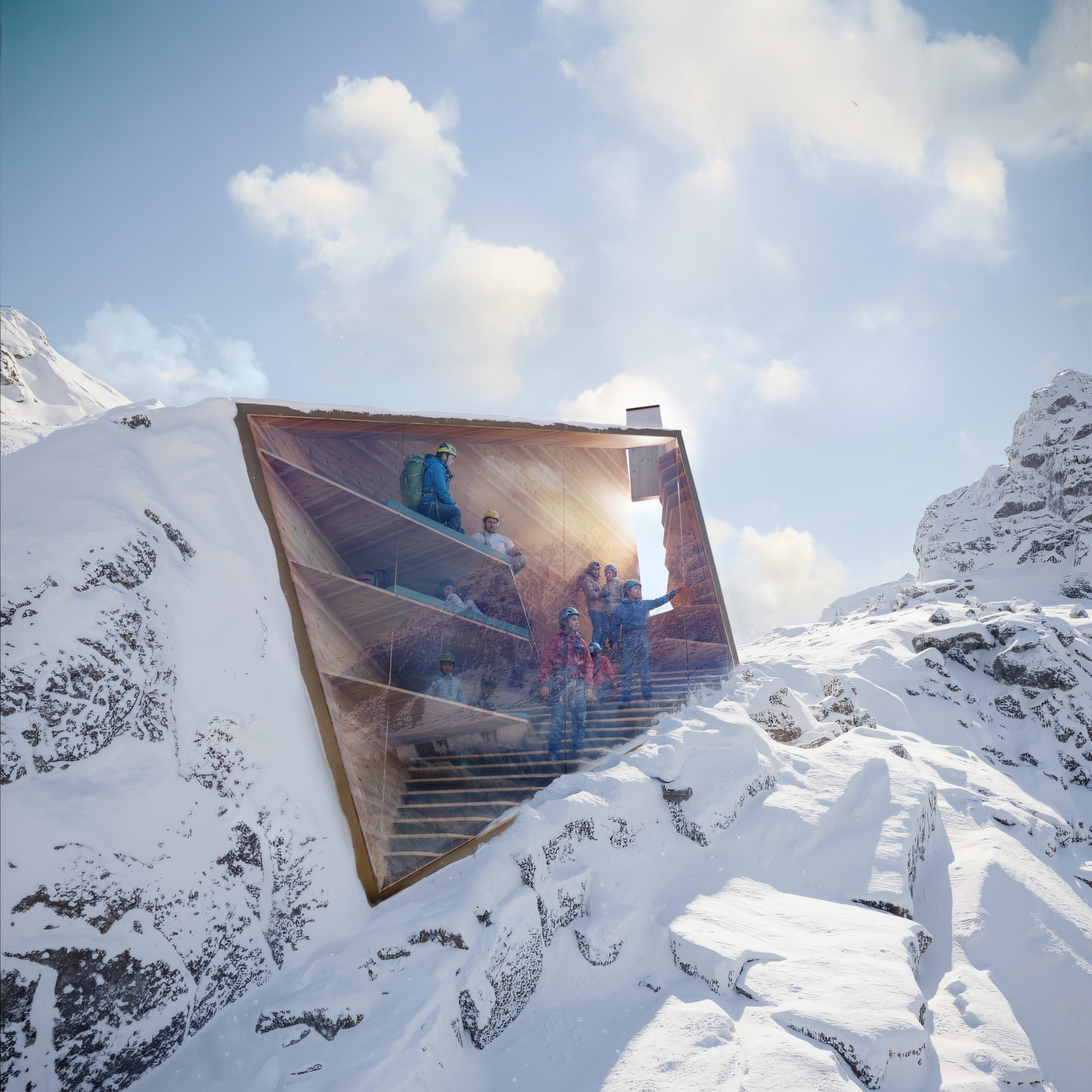 Self-sufficient alpine bivouac shelter designed by Carlo Ratti Associati, standing on a snowy ridge in the Italian Alps.