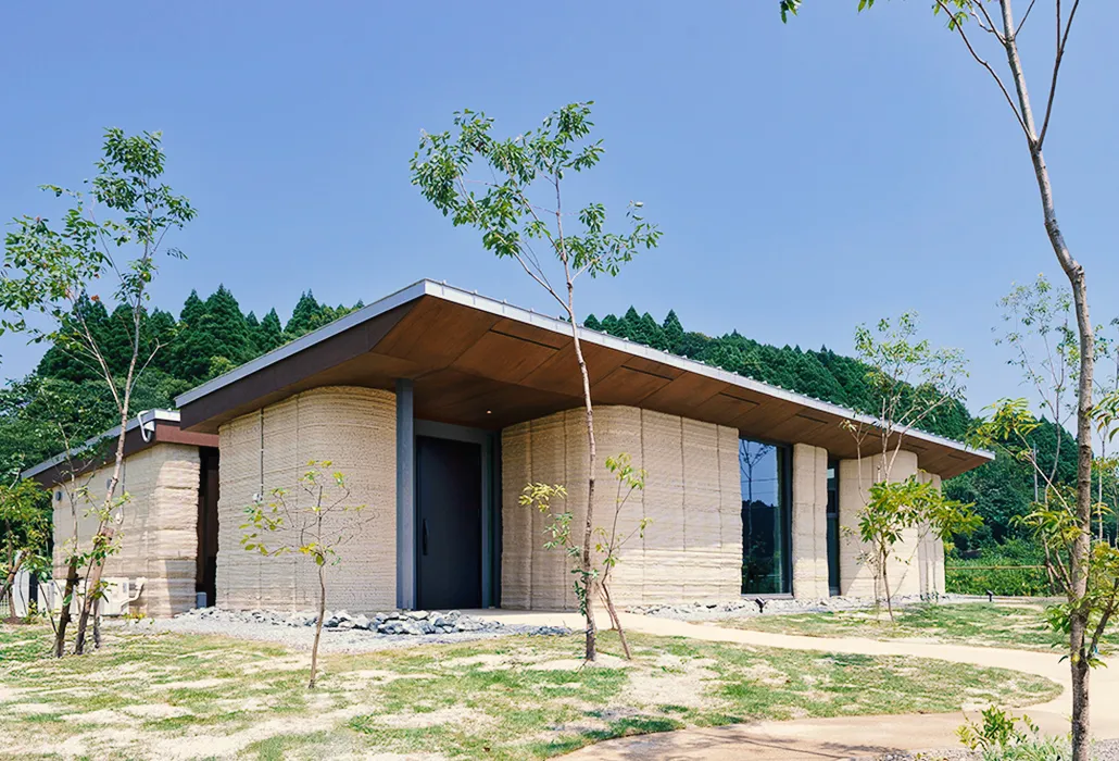 Exterior of Lib Earth House showing curved 3D printed soil walls and natural earth texture.