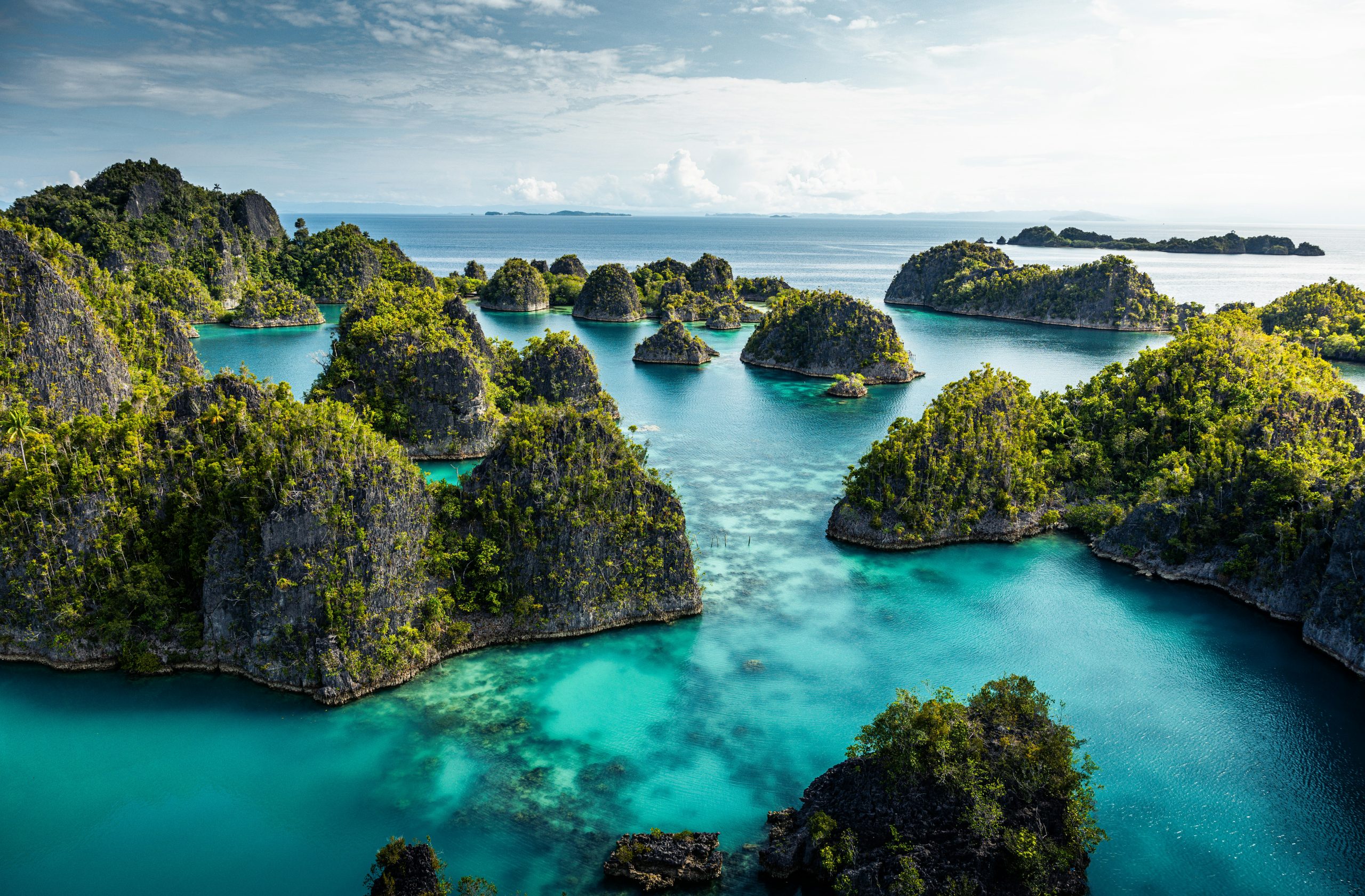 View of Raja Ampat islands surrounded by turquoise waters, highlighting pristine marine and coastal ecosystems.