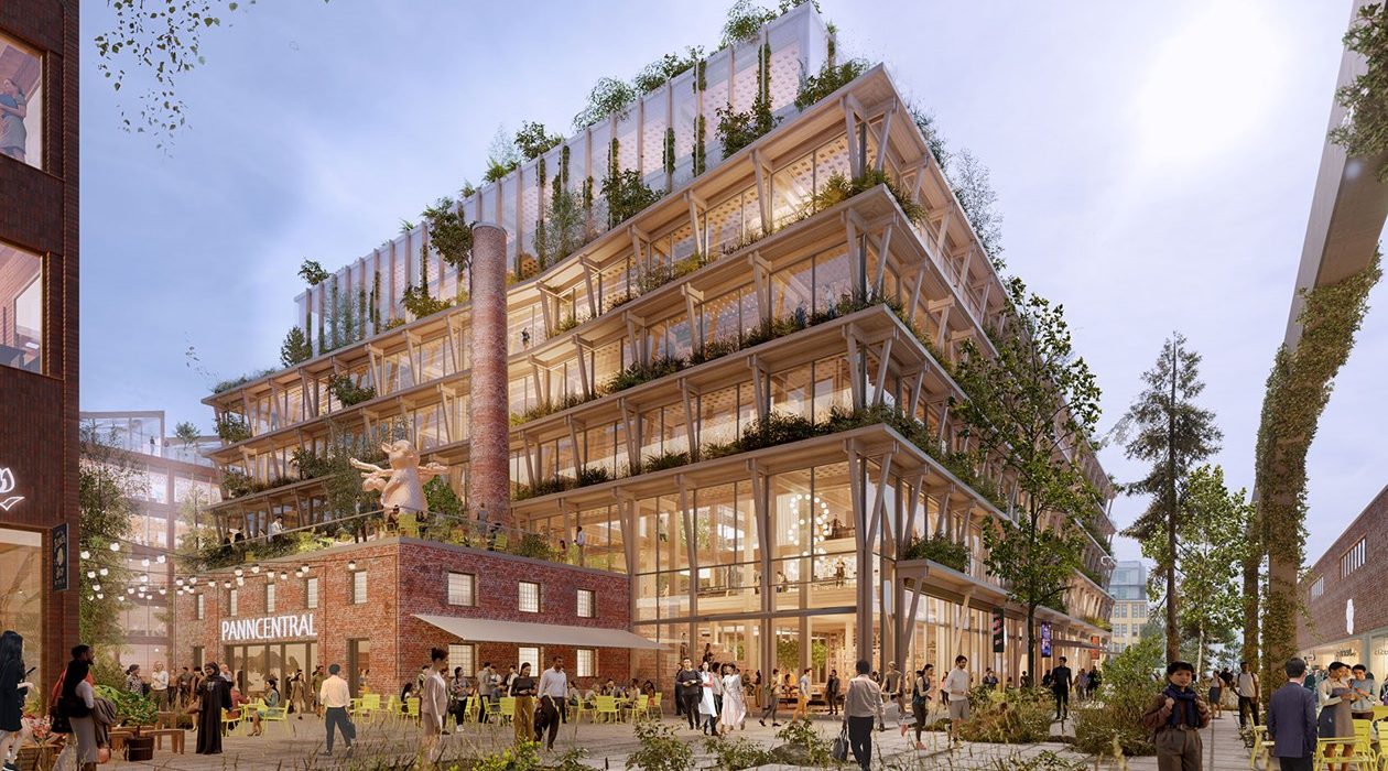 Concept image showing cross laminated timber panels and structural wooden elements used in Stockholm Wood City.