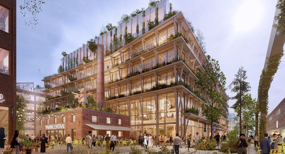 Concept image showing cross laminated timber panels and structural wooden elements used in Stockholm Wood City.