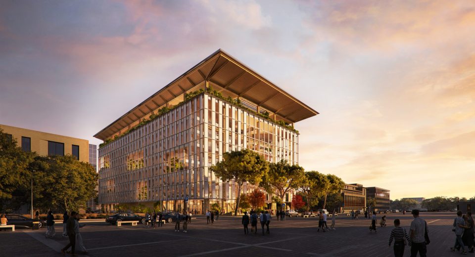 Exterior rendering of Nexus Terrae, an energy-positive civic building designed with timber structure and integrated solar systems in Rome.